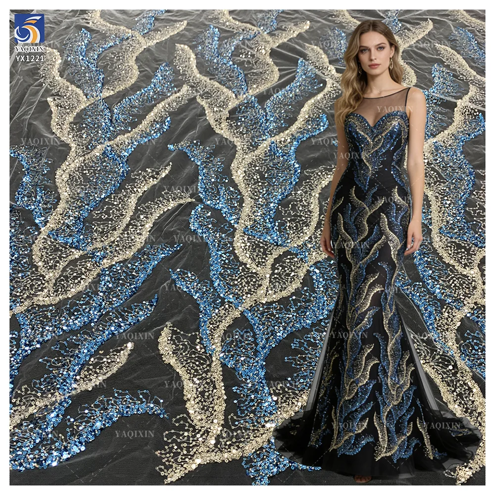 YX1221 New Arrival Flash Crystal Sequin Mesh Fabric Wavy Beaded Embroidery Lace Glitter Fabric for Mermaid Dress Gowns