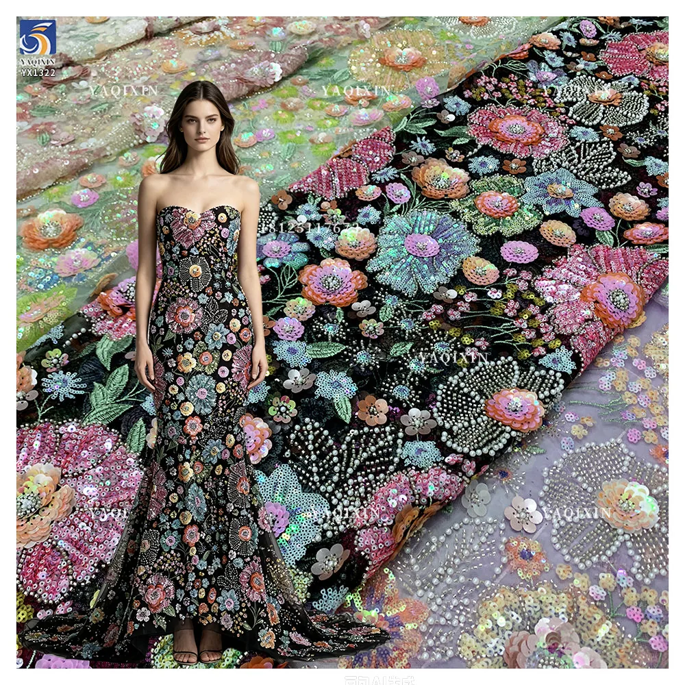 YX1322 High-Quality Custom Sequin Glitter Lace Fabric With Pearls Parisian French Fashion Clothing Lace Fabric
