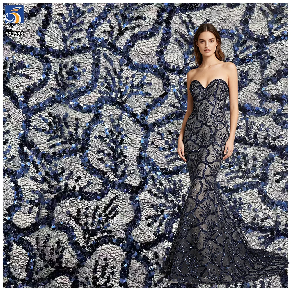 YX1598 Embroidered Sequin Lace Fabric Elegant Floral Mesh for Couture Dress Formalwear and Fashion Design