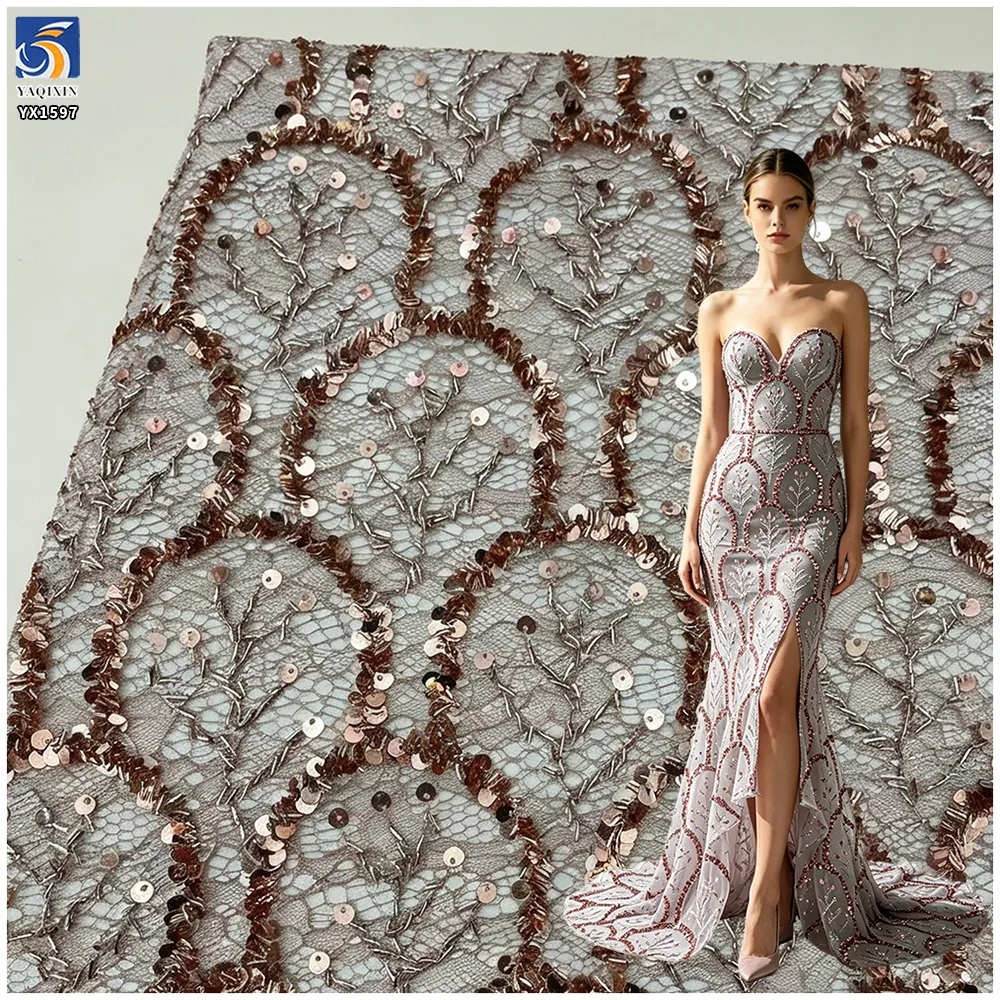 YX1597 Floral Sequin Lace Fabric Decorative Embroidered Mesh for Wedding Evening Dress