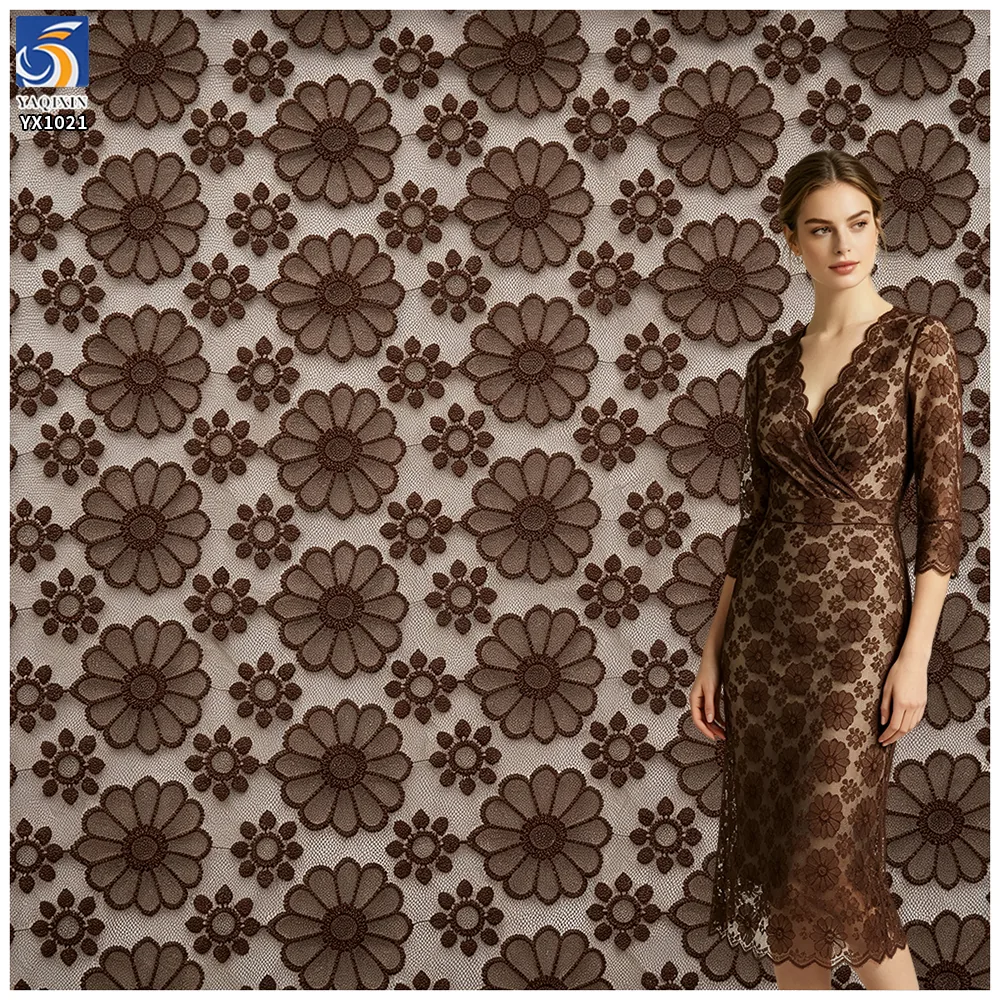 YX1021 New Technology Chrysanthemum Embroidery Tulle Fabric Knitted Poly Mesh Embroidered Fabric Textiles for Apparel