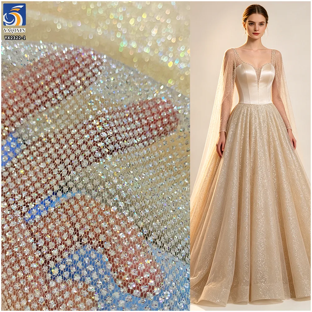 YX2322-1 Sparkle Glitter Tulle Mesh Fabric 60GSM 160CM Stiff Shiny Net Material for Bridal Wedding Dress & Evening Gown
