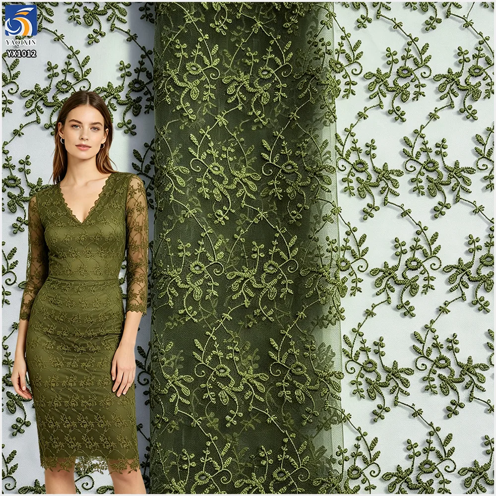 YX1012 Customized Embroidered Tulle Fabrics With Customer-Provided Samples Azure Polyester Tulle Embroidered Fabrics