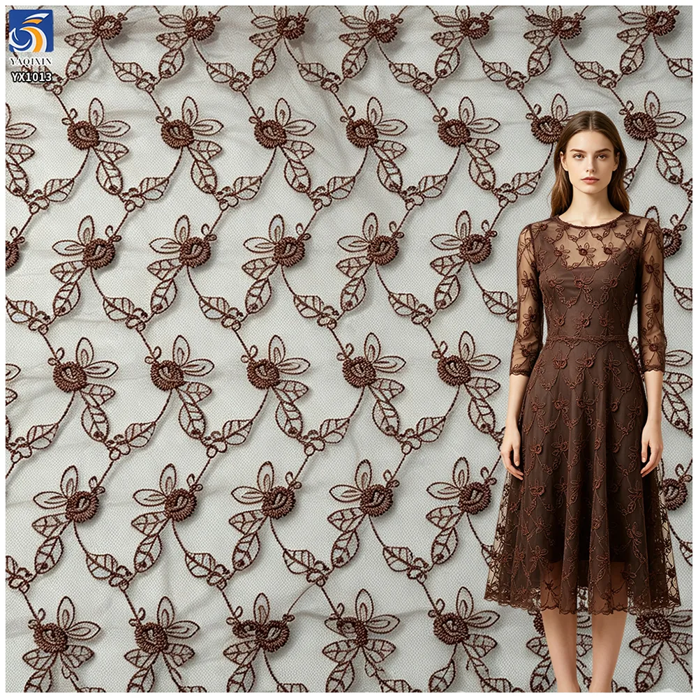 YX1013 Cheap Solid Color Florals Embroidery Custom Picture Tulle Mesh Fabric Textiles for Women's Garments Embroidery Fabric