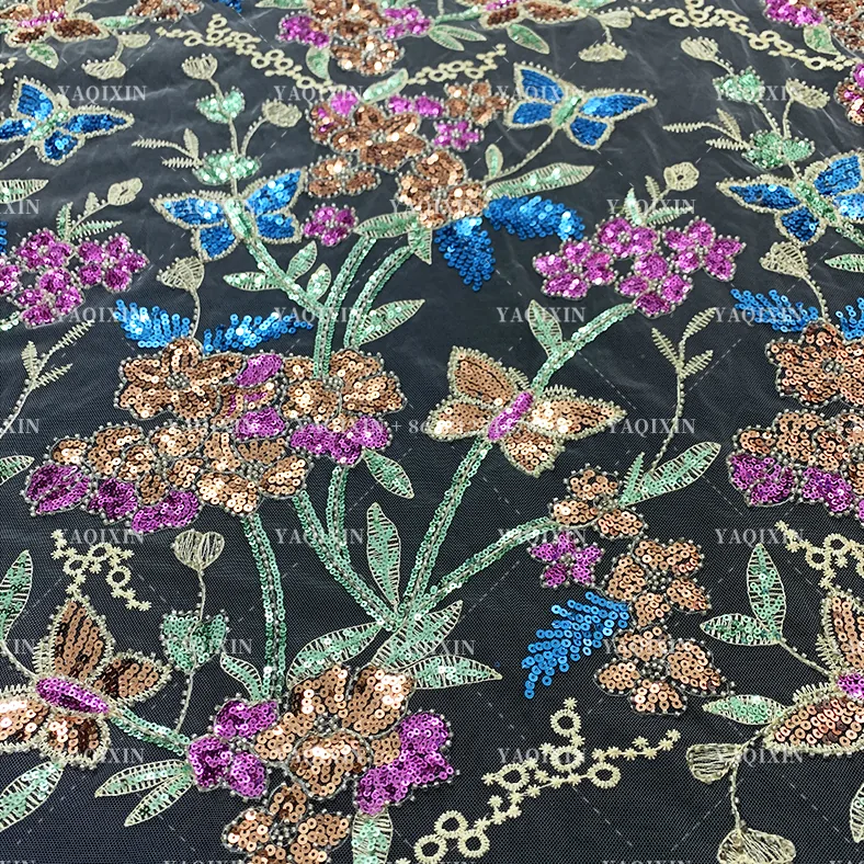 YX1224 African Colorful Sequins Embroidered Lace Fabric Hot Sales Popular Chinese Designer Floral Lace Sequin Fabric Textiles