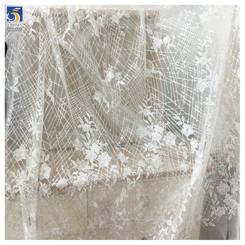 YX1276 5 Yards DE LACE Striped Cross Embroidered Sequin Lace Fabric Floral Embroidery White Bridal Lace Fabric