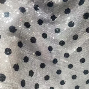 YX1429 250gsm Hot Sale 5mm Transparent Sequin Polka Dot Print Stretch Dress Fabric 140cm Sparkle for Womens Party Dress