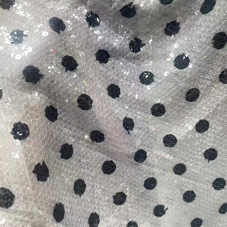 YX1429 250gsm Hot Sale 5mm Transparent Sequin Polka Dot Print Stretch Dress Fabric 140cm Sparkle for Womens Party Dress