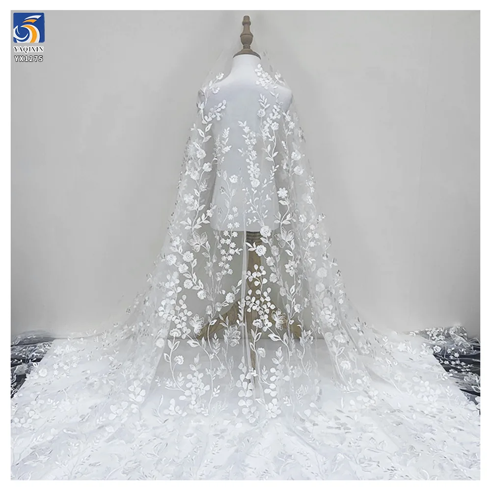 YX1275 130gsm Luxury Florals Embroidered White Wedding Tulle Lace Fabric Water-Soluble Embroidery French Dress Fabric