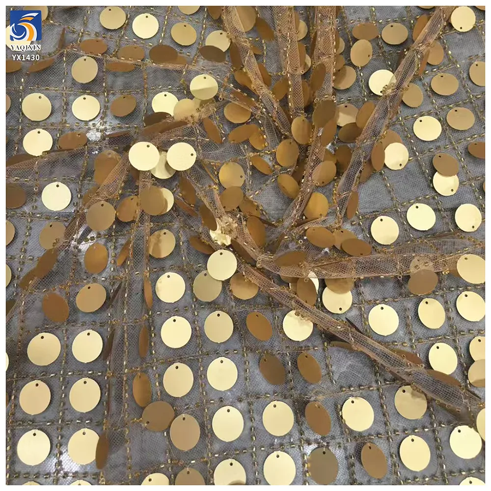 YX1430 2mm Large Round Sequins 300gsm Lace Embroidery Fabric Sequin New Fashion 130cm Sparkle for Womens Blouse