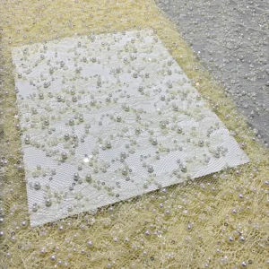 YX1510 Pearl Beaded Eyelash Lace Fabric 3D Floral Mesh Textile for Bridal Dress Evening Wear and Fashion Garments