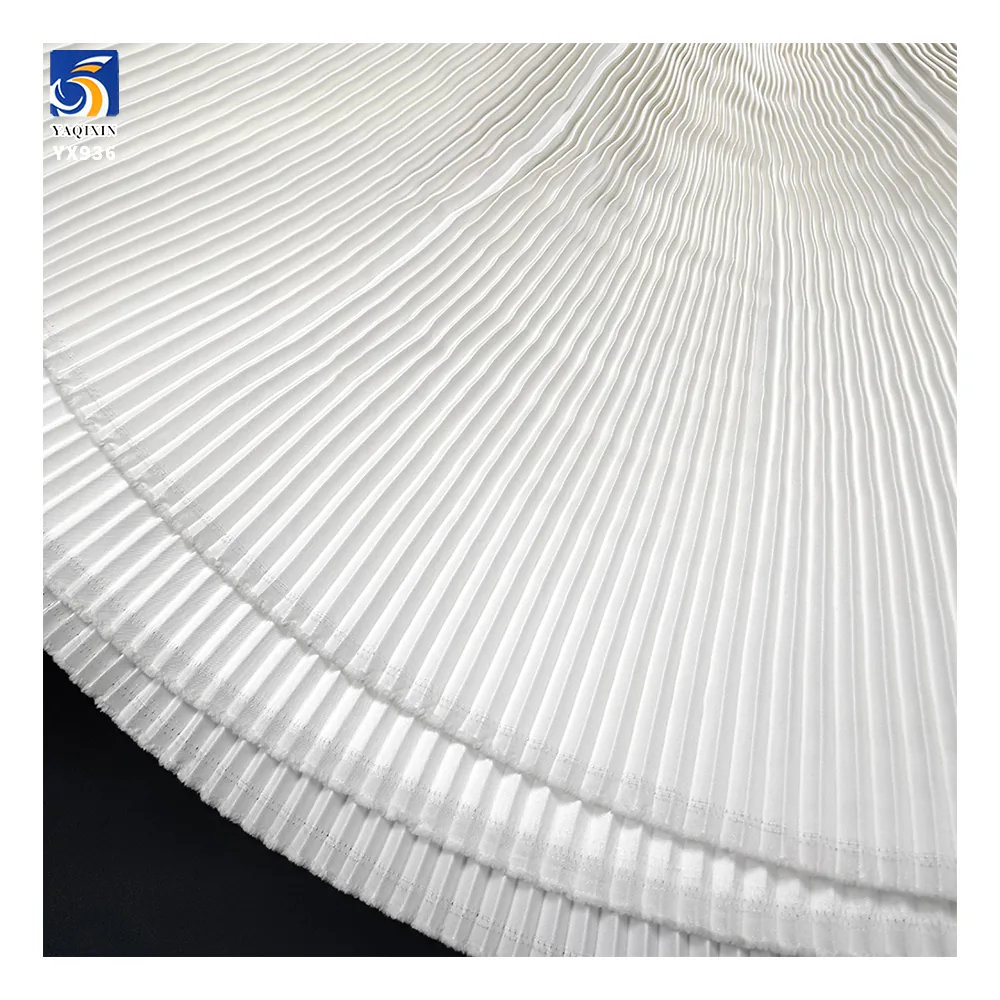 YX936-1 Customized White Polyester 1cm Pleated Accordion Satin Fabric for High-End Party Dresses Liquid Satin Pleated Fabric