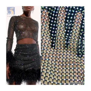 Reasonable Price 130gsm 100%Polyester Black Net Mesh Lace Fabric With Shiny Rhinestones
