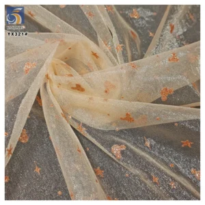 YX321 Latest Design 100% Polyester Glossy Tulle with Glitter Dust and Mickey Star Pattern Mesh Tulle Fabric