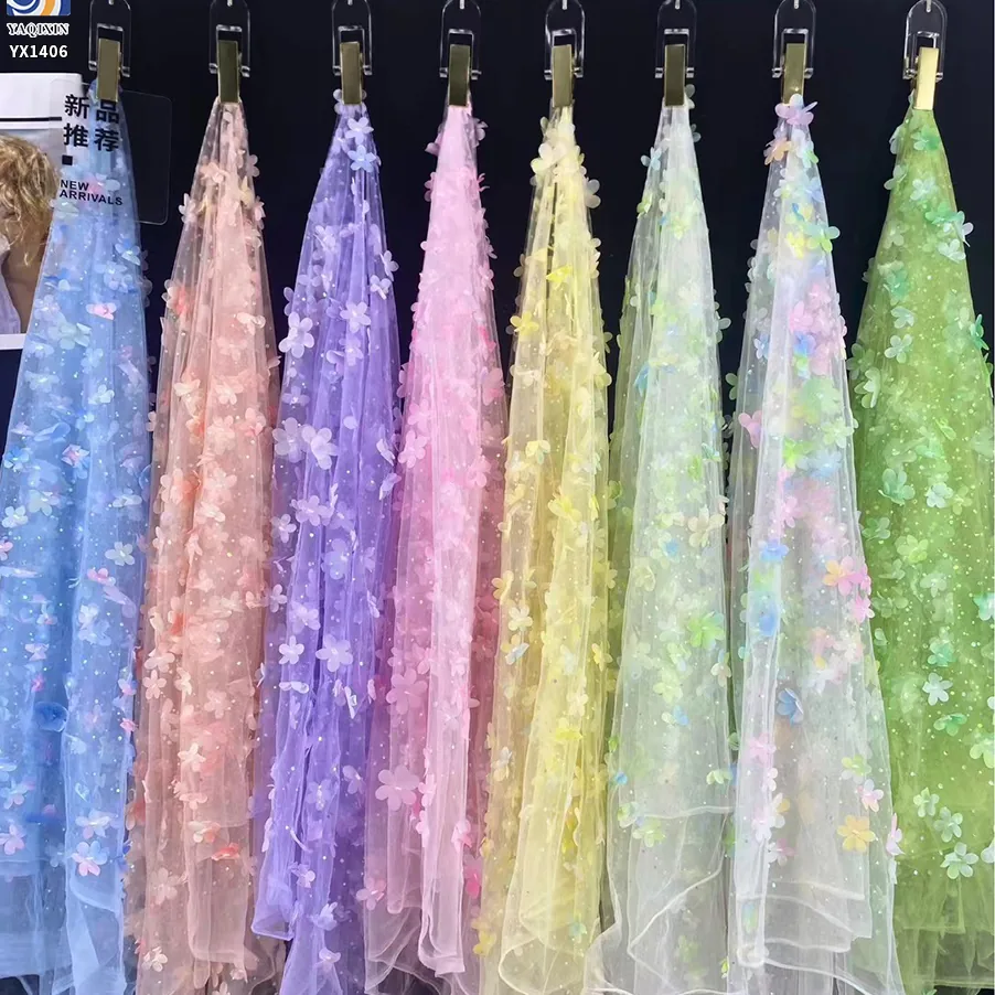 YX1406 Summer Best-Selling Solid 3D Embroidery Florals Gradient Tulle Fabric With Holographic Sequins 3D Florals Mesh Fabric