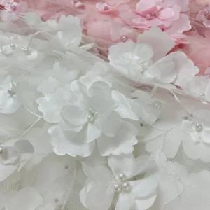 Luxury3D Satin Flower Pearl Beaded TulleLace Fabric Handmade Floral Embroidery Mesh Fabric for Wedding Bridal Dress Evening Gown