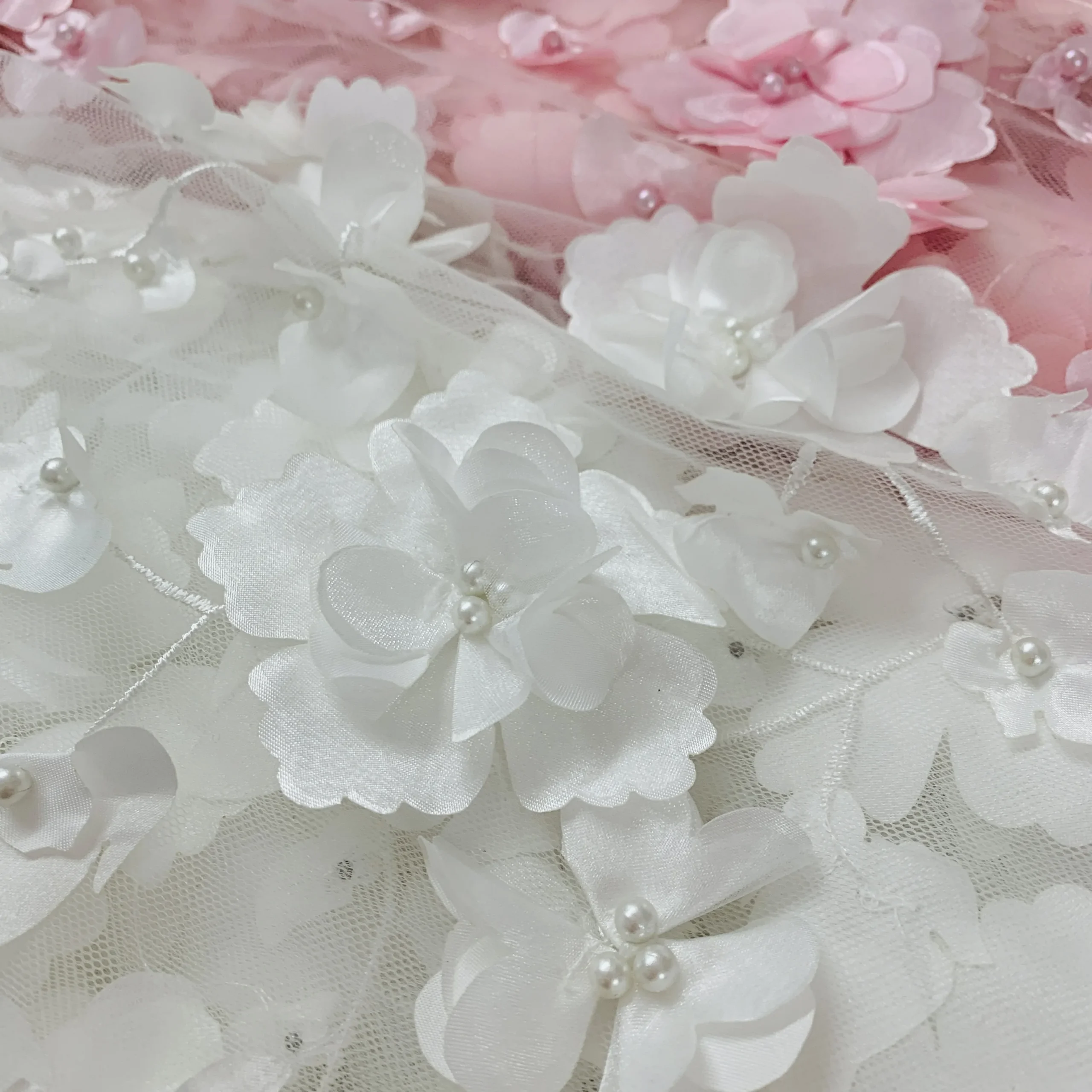 Luxury3D Satin Flower Pearl Beaded TulleLace Fabric Handmade Floral Embroidery Mesh Fabric for Wedding Bridal Dress Evening Gown
