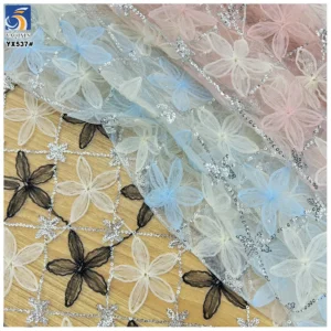 YX537 2025 Most Popular Overseas Embroidered Tulle Fabric Five-Petal Flower 3D Embroidery Tulle Fabric With Sequins