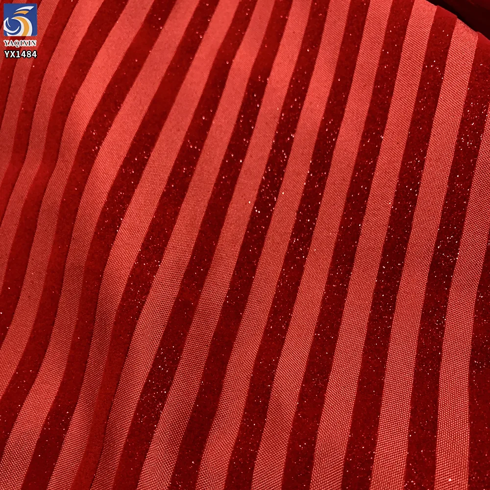 YX1484 160gsm Custom Polyester Glitter Stripe Flocked Canvas Fabric for Halloween Garments Party Decor