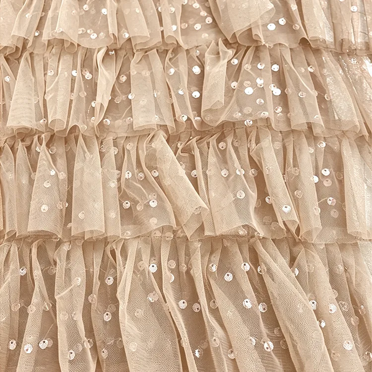 YX1151 High-Quality 200gsm Knitting 3D Red Tulle Puffy Skirt Fabric With Sequins Tulle for Girls' Princess Dress 5 Yards