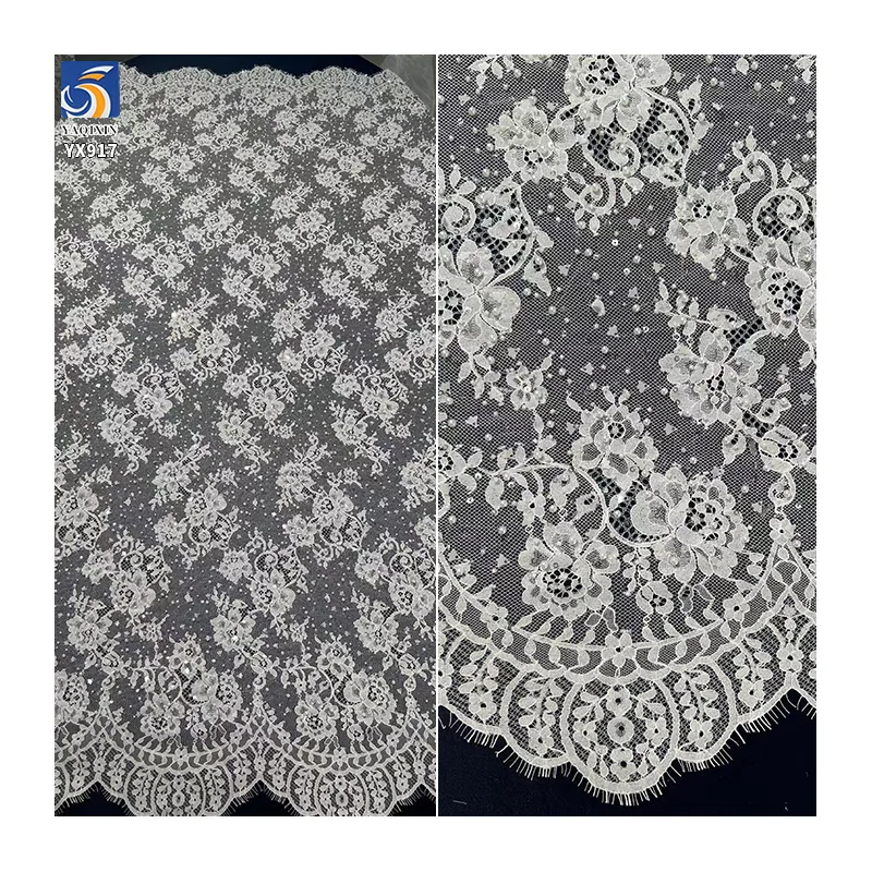 YX917 Heavy Embroidery 3D Rose Flowers Water-Soluble Lace Fabric Wedding White Eyelash Lace Fabric With 3D Pearl Sequins