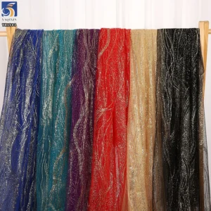 YX1583 Silver Wave Pattern 100% Polyester Glitter Tulle Fabric Shiny Mesh for Wedding Dress Couture and Party Gowns