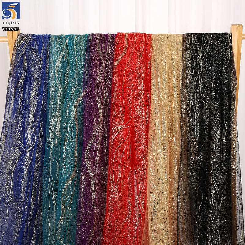 YX1583 Silver Wave Pattern 100% Polyester Glitter Tulle Fabric Shiny Mesh for Wedding Dress Couture and Party Gowns