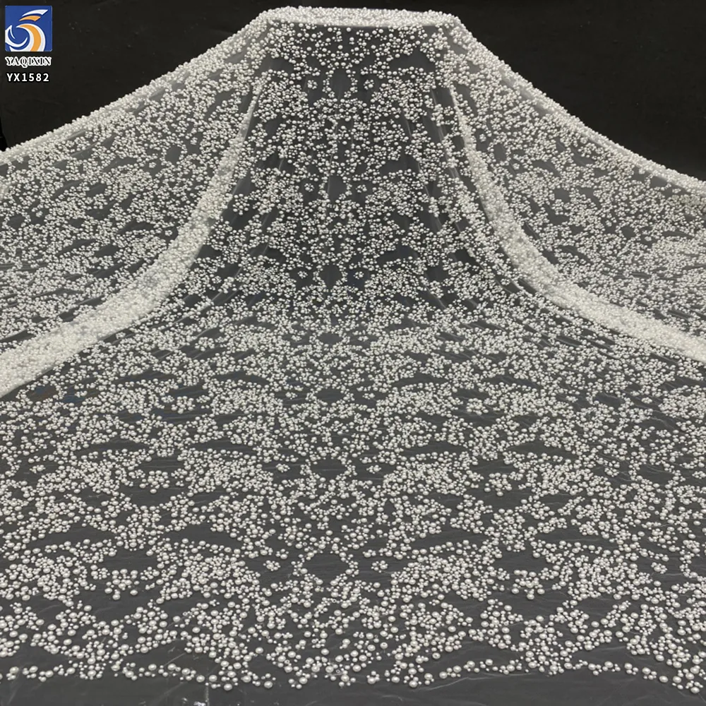 YX1582 700gsm Wholesale Heavy Statement Pearls Beaded Tulle Lace Fabric 3D Embroidery Mesh for Wedding Dress and Haute Couture