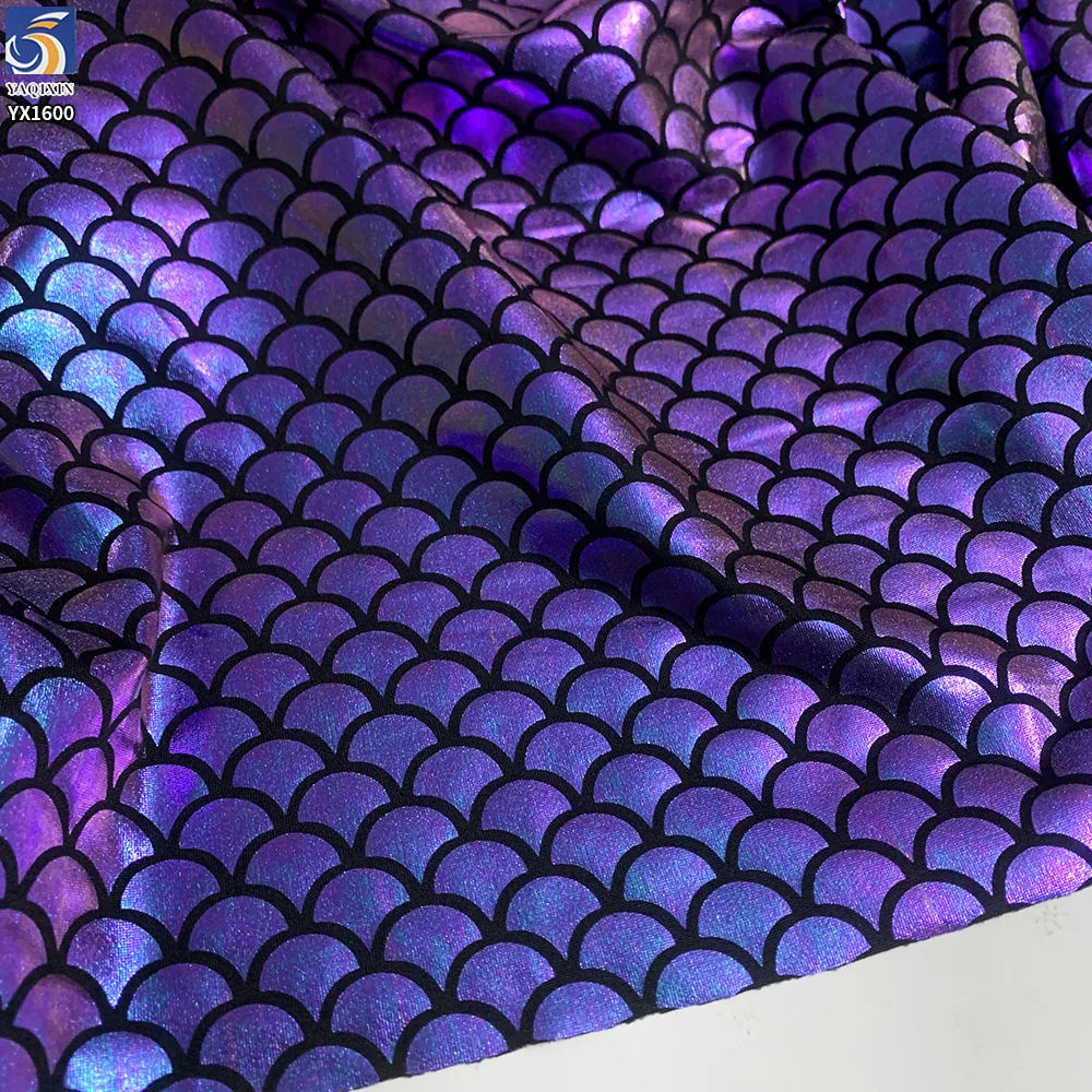 YX1600 Purple Mermaid Scale Fabric Shiny Holographic 97 Polyester 3 Spandex for Swimwear and Kids Costume Apparel