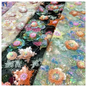 YX1308 3D Florals Colored Sequin Embroidered Mesh Fabric for Spring/Summer Dress Heavy Embroidery Pearls Glitter Sequin Fabric