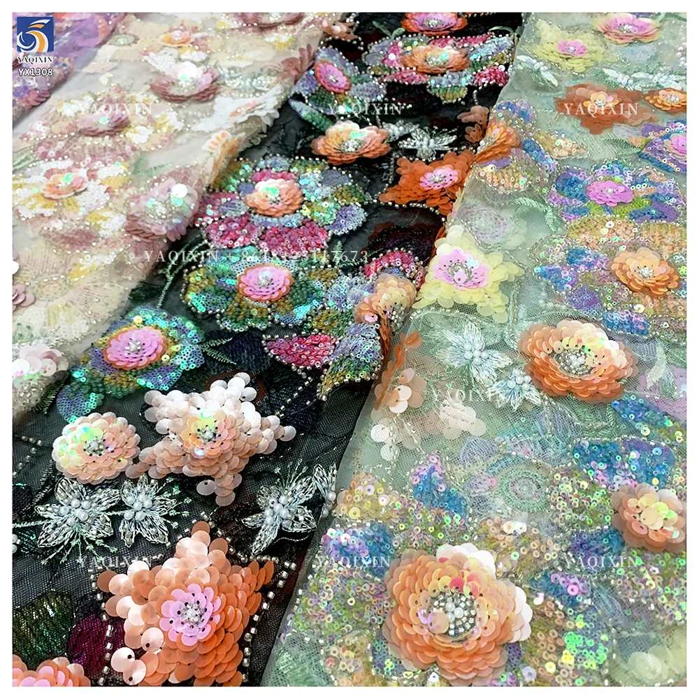 YX1308 3D Florals Colored Sequin Embroidered Mesh Fabric for Spring/Summer Dress Heavy Embroidery Pearls Glitter Sequin Fabric
