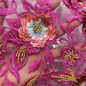 YX1305 Chinese Palace Luxury Style 3D Flower Sequin Colored Lace Mesh Fabric Textile Elegant Embroidered Tulle and Lace Fabric