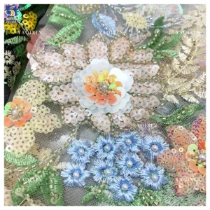 YX1309 Top Sales Forest Pattern 3D Floral Embroidered Mesh Fabric for Women's Skirts DIY Handmade Pearls Sequin Flowers Fabric
