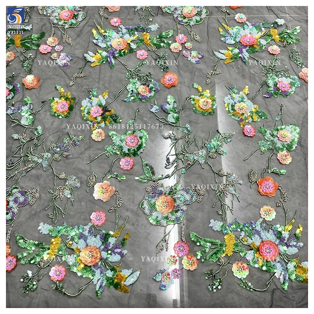YX1311 Heavy Embroidery Pearls Sequins Lace Fabric Flowers Handmade Embroidered Lace Fabric Most Popular in Chinese 2026
