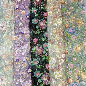 YX1310 Expensive High Quality Glitter 3D Flowers Sequin Embroidered Lace Fabric Custom Summer Costumes Sequin Lace Fabric