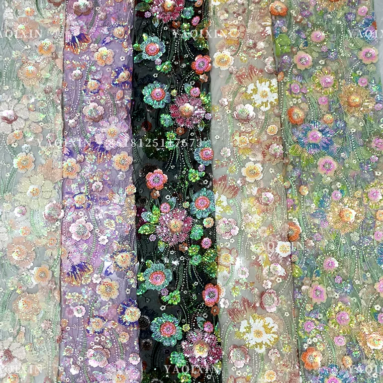 YX1310 Expensive High Quality Glitter 3D Flowers Sequin Embroidered Lace Fabric Custom Summer Costumes Sequin Lace Fabric