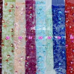YX1223 Burgundy French Embroidered Lace Textile Fabric 3D Floral Embroidered Tulle Lace Fabric With Competitive Prices