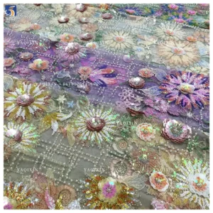 YX1315 Chinese Suppliers Summer-Style Sunflower Design Colorful Sequin Embroidered Mesh Lace Fabric for Women's Clothing