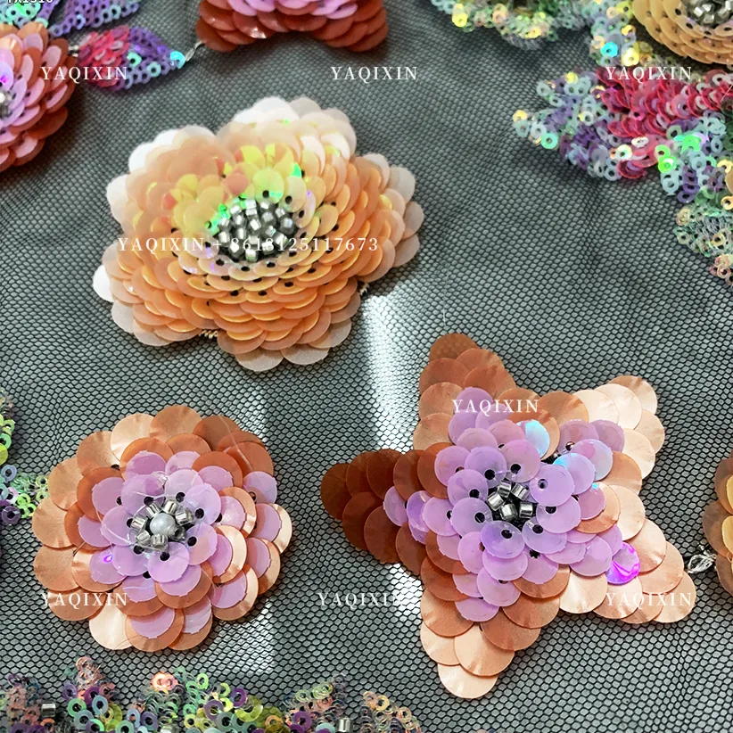YX1316 Latest 3D Five-Pointed Star Flower Sequin Embroidery Mesh Tulle Fabric Florals Pattern Beaded Sequin Mesh Lace Fabric