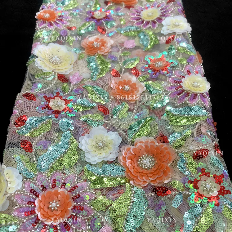 YX1318 Green Colorful Flowers Sequins Heavy Embroidery Mesh Lace Fabric Textiles Lace Fabric Hawaiian Summer Style Lace Dress