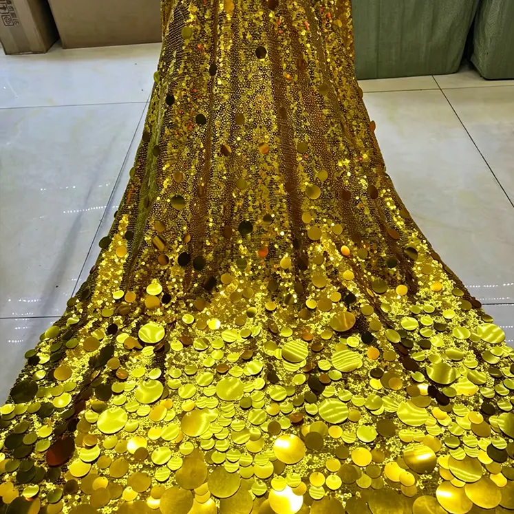 YX1512 European Style Gold Large Paillette Sequin Embroidery Fabric for Evening Dress Skirt and Luxury Fashion Garments