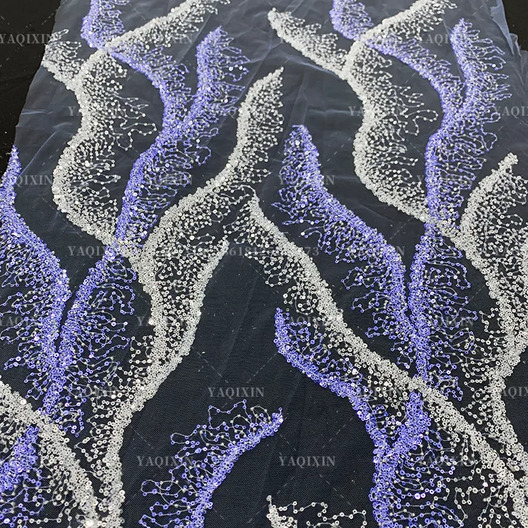 YX1221 New Arrival Flash Crystal Sequin Mesh Fabric Wavy Beaded Embroidery Lace Glitter Fabric for Mermaid Dress Gowns