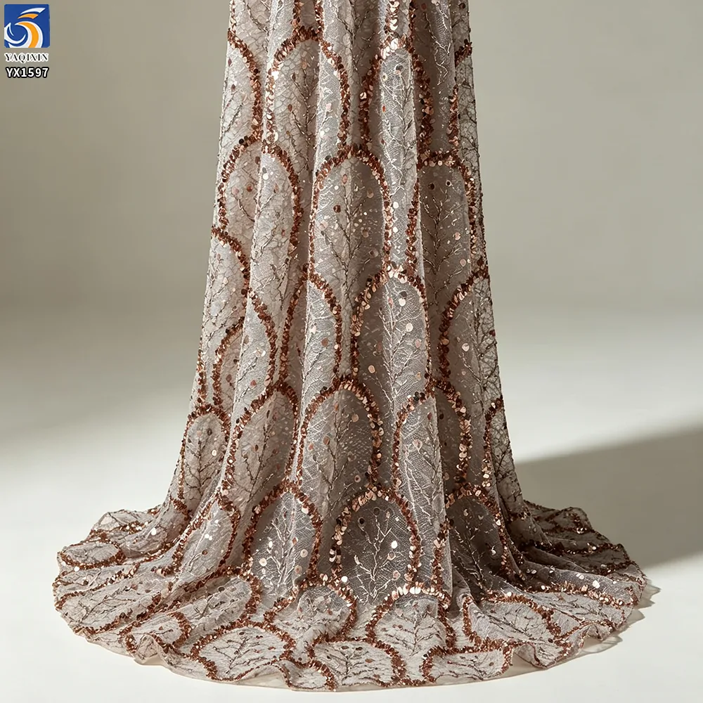 YX1597 Floral Sequin Lace Fabric Decorative Embroidered Mesh for Wedding Evening Dress