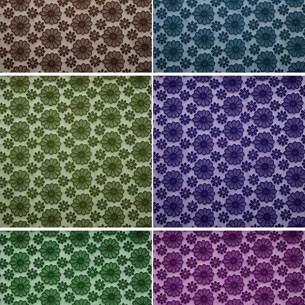 YX1021 New Technology Chrysanthemum Embroidery Tulle Fabric Knitted Poly Mesh Embroidered Fabric Textiles for Apparel