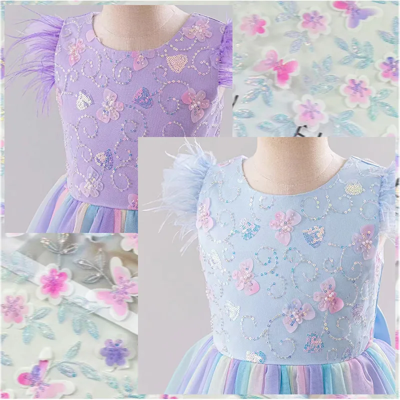 YX808 Butterfly Floral 3D Embroidery Knitted Mesh Fabric With Small Sequins Shiny Girl's Princess Dress Tulle Fabric