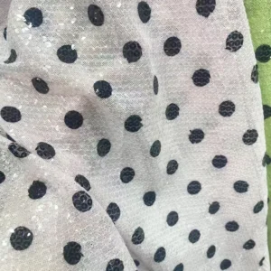 YX1429 250gsm Hot Sale 5mm Transparent Sequin Polka Dot Print Stretch Dress Fabric 140cm Sparkle for Womens Party Dress