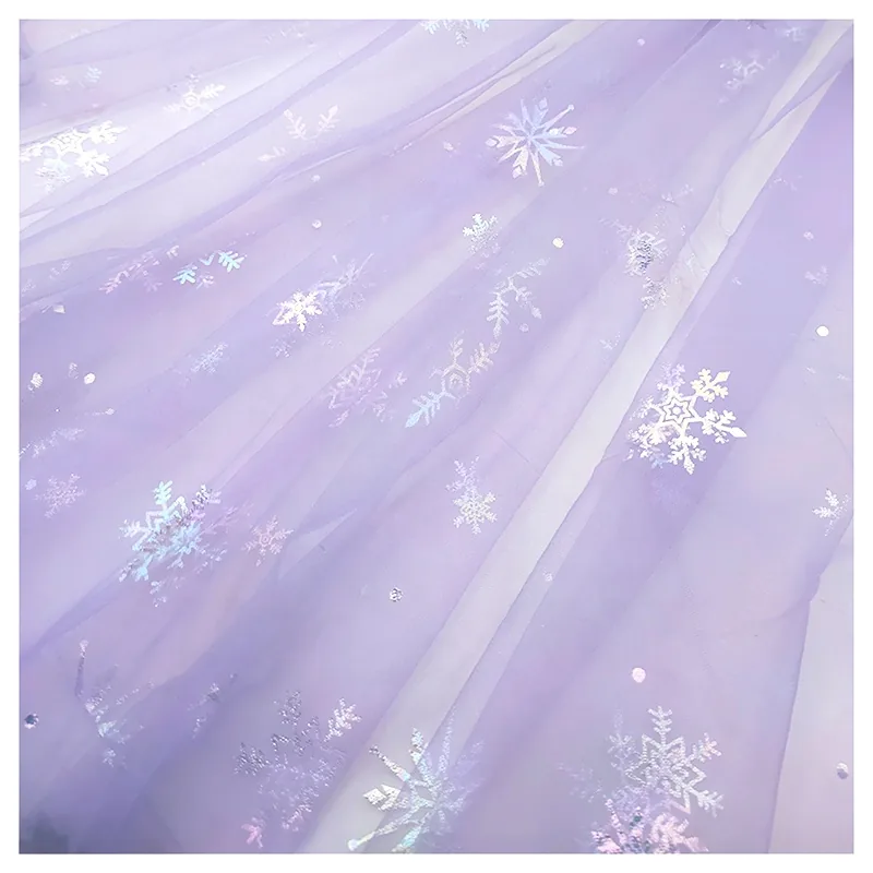 New Design Colorful Foil Printing Winter Snowflake Printed Christmas Fabric Polyester Tulle Mesh Fabric 63 Inch 20gsm