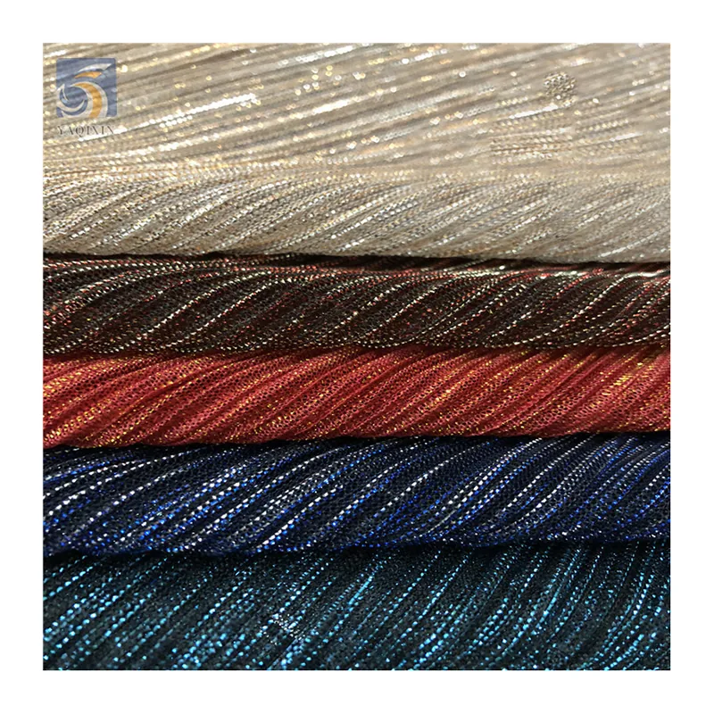 New Fashion Dance Dress Crepe Fabric 100%Polyester Knitted Strip Pleats Shiny Stretch Lurex Mesh Fabric