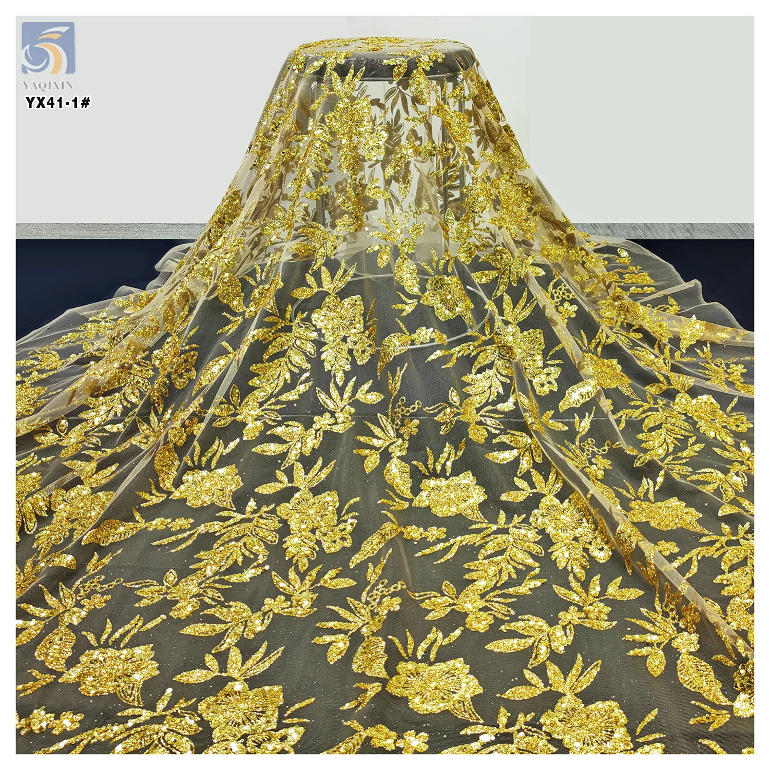 YX41-1 Wholesale Prices Nigerian Shine Lace Fabrics for Wedding 2026 Gold Sequins Glitter Lace Tulle Fabric
