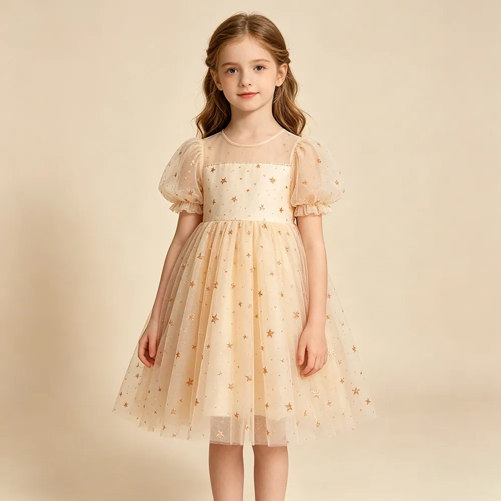YX321 Latest Design 100% Polyester Glossy Tulle with Glitter Dust and Mickey Star Pattern Mesh Tulle Fabric